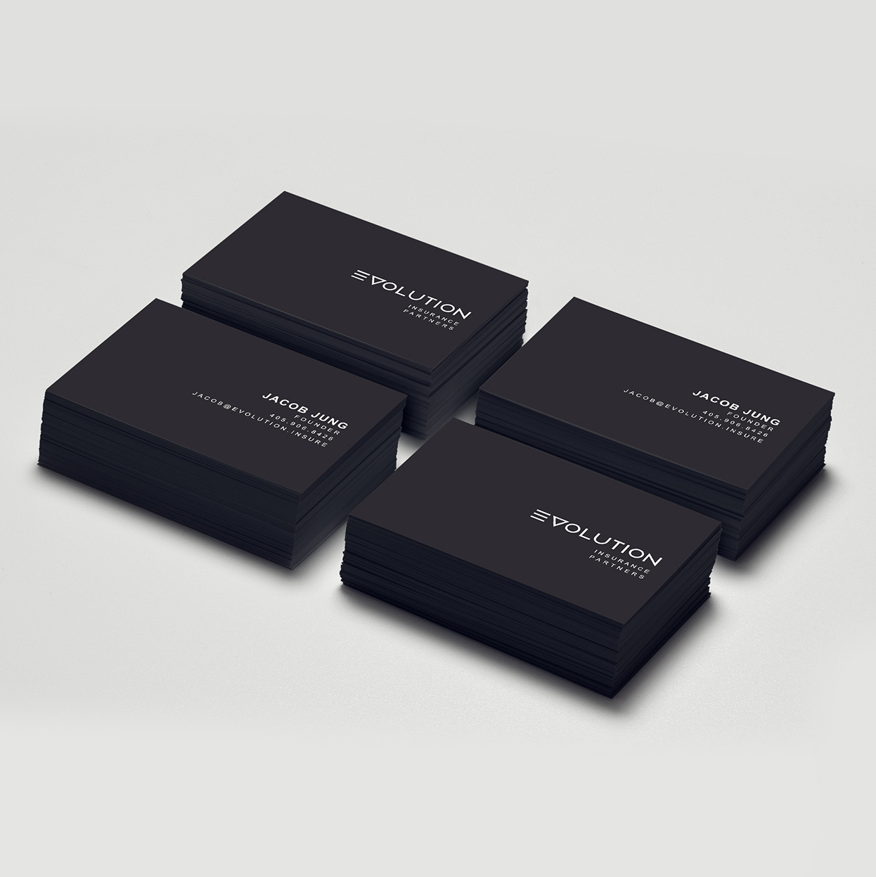 Evolution Insurance, business cards design, logo design, creative vega, branding and design